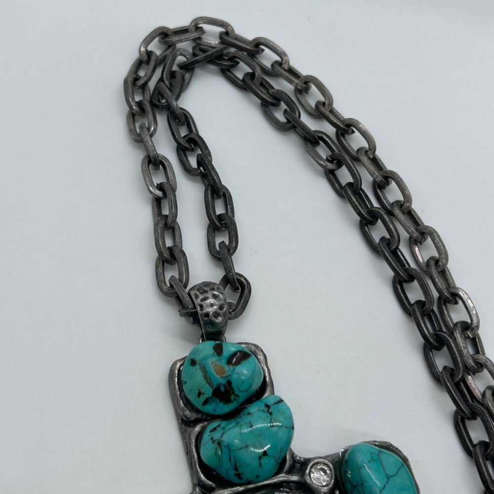 Turquoise Color Stone Cross Pendant Silver Tone Necklace Southwestern Boho - Picture 6 of 16